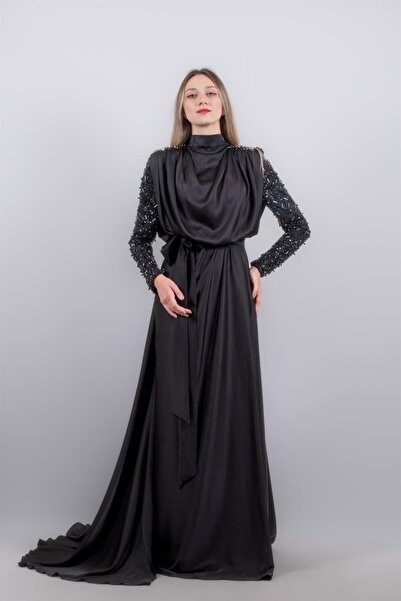 Katre KENZEL SLEEVES Rhinestoned SATIN GOWN DRESS