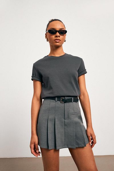 YOUR NAME Belted Pleated Gray Mini Shorts Skirt