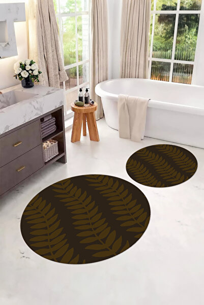 Napoli Home Σετ τουαλέτας με στρογγυλό χαλάκι μπάνιου με μοτίβο φύλλων με αντιολισθητική βάση που πλένεται