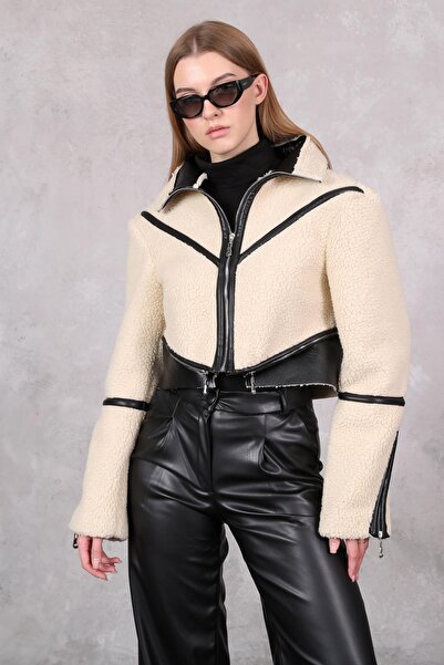 YOUR NAME χαλαρή εφαρμογή Γυναικείο μπουφάν από τεχνητό δέρμα βελούδινο κρεμ