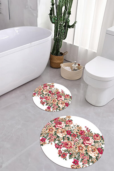 Napoli Home Ψηφιακό σετ τουαλέτας με πολύχρωμο σχέδιο λουλουδιών που πλένεται με στρογγυλό χαλάκι μπάνιου