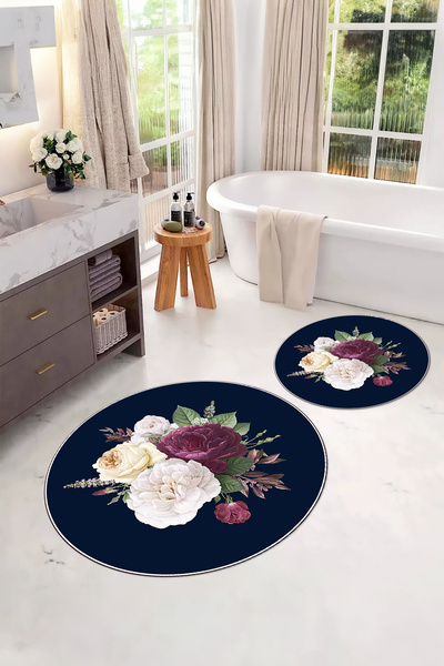 Napoli Home Ψηφιακό σετ τουαλέτας με αντιολισθητική βάση με λουλουδάτο σχέδιο, στρογγυλό χαλάκι μπάνιου