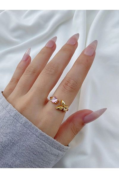 Eylülün Takısı Women's - Adjustable Color Pink Stone and Butterfly Model Ring