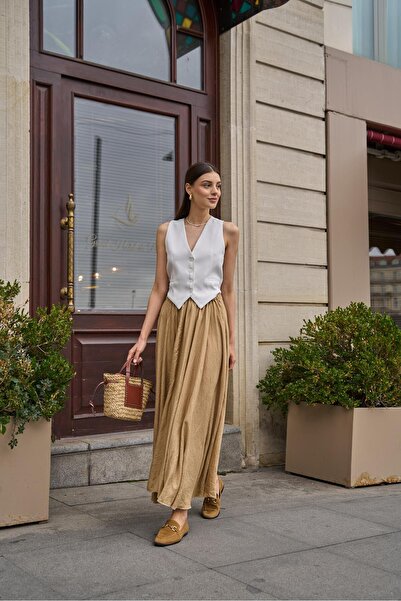 YOUR NAME Beli Lastikli Pileli Uzun Kadın Camel Etek