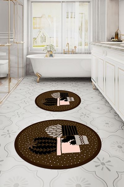 Napoli Home Set de scaune de toaletă rotundă, lavabilă digitală, model cactus modern, KLOZET-93-BROWN,