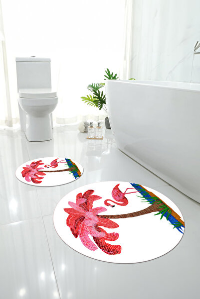 Napoli Home Ψηφιακό σετ τουαλέτας με στρογγυλό χαλάκι μπάνιου με μοτίβο φλαμίνγκο που πλένεται