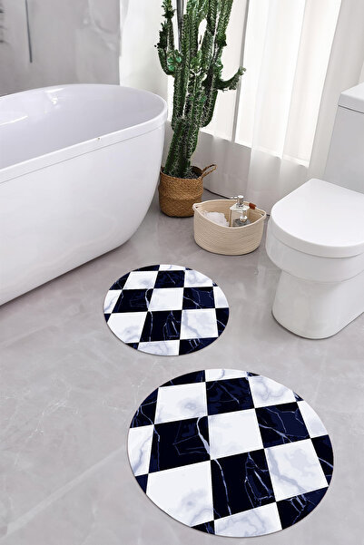 Napoli Home Σετ τουαλέτας με στρογγυλό χαλάκι μπάνιου με μοτίβο από μάρμαρο που πλένεται ψηφιακά