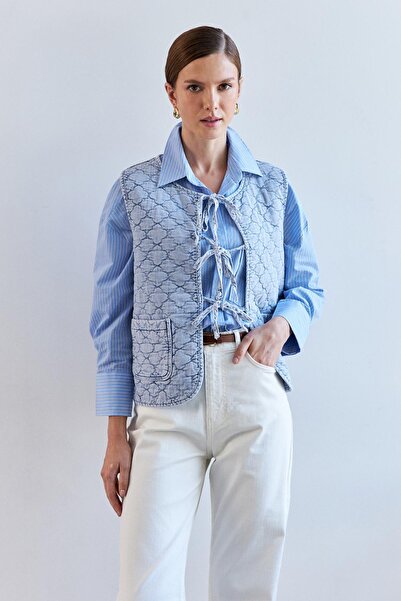 YOUR NAME Kapitone Önden Bağlama Cep Detaylı Mavi Kadın Yelek