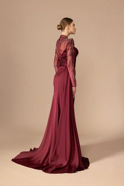 Katre Kenzel Plus Size - Sheer Long Sleeve and Slit Detail Long Evening Dress