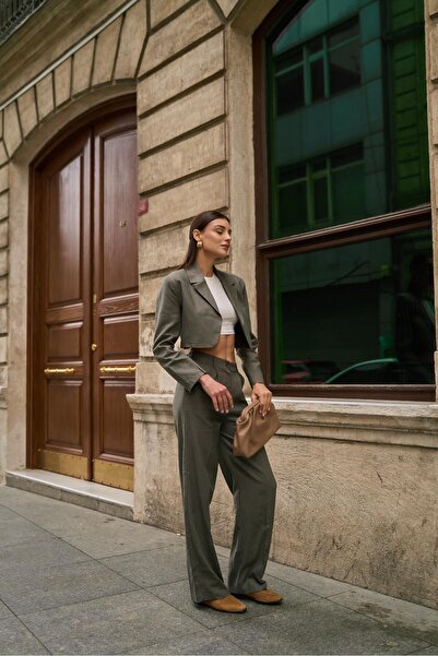 YOUR NAME Pantaloni Palozzo de damă din in kaki - talie înaltă plisată