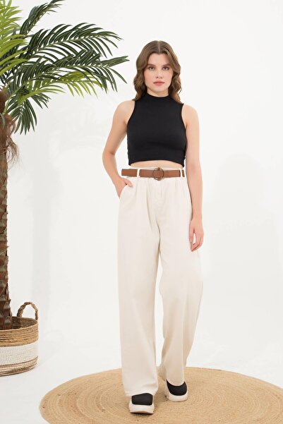 Ravencia Бежеві штани з поясом і складками Palazzo для жінок