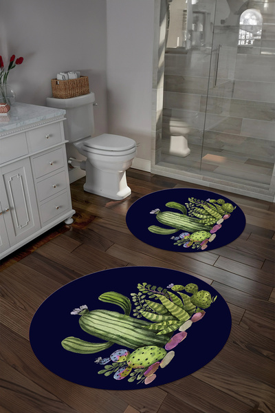 Napoli Home Ψηφιακό σετ τουαλέτας με αντιολισθητική βάση με σχέδιο κάκτου, στρογγυλό χαλάκι μπάνιου