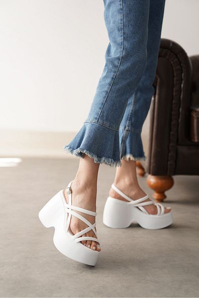 GOFFSHOES Sandale cu toc pentru femei cu pană jacquard albă