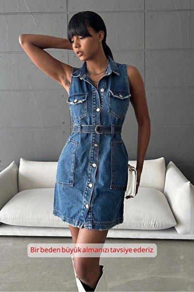Ravencia Women's Sleeveless Buttoned Belted Jeans Dress