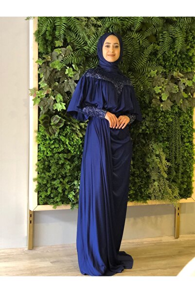 Katre Kenzel Satin Collar and Stone Sleeves Evening Dress
