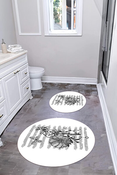 Napoli Home Σετ τουαλέτας με στρογγυλό χαλάκι μπάνιου με μοτίβο τριαντάφυλλου, αντιολισθητική βάση, που πλένεται