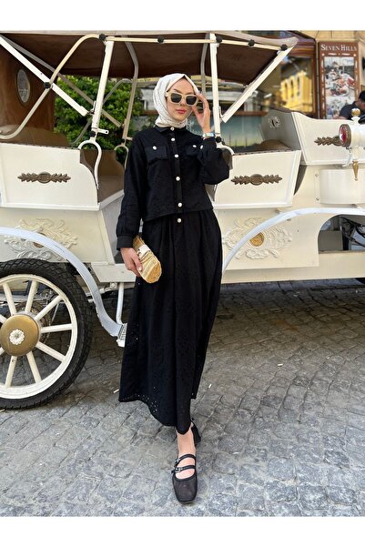 PİNK FLY Set cămașă și fustă din 2 piese Black Brode Lace Pearl - Design Hijab lung
