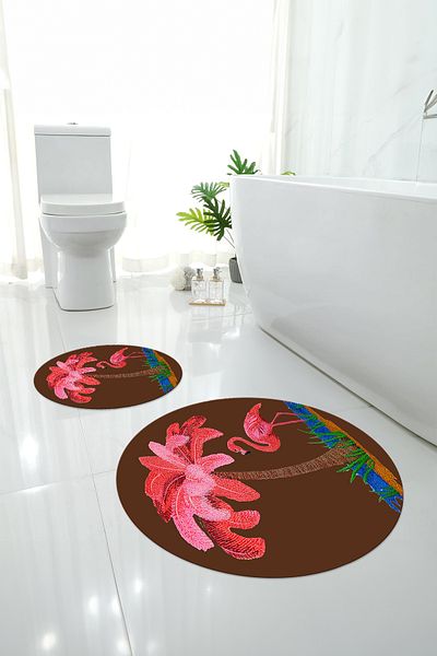 Napoli Home Digital Washable Plain Flamingo Patterned Round Bath Mat Toilet Set, Toilet-91-Brown,