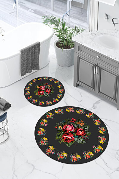 Napoli Home Σετ τουαλέτας με στρογγυλό χαλάκι μπάνιου με ψηφιακό μοτίβο λουλουδιών που πλένεται