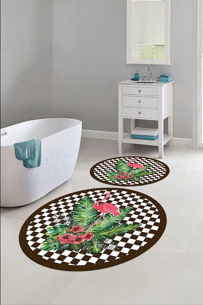 Napoli Home Digital Washable Non-Slip Flamingo Patterned Round Bath Mat Toilet Set, Toilet-62-Brown,