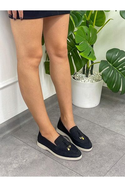 ERVANIN BUTİĞİ Liona Black Suede Tasseled Women's Loafer