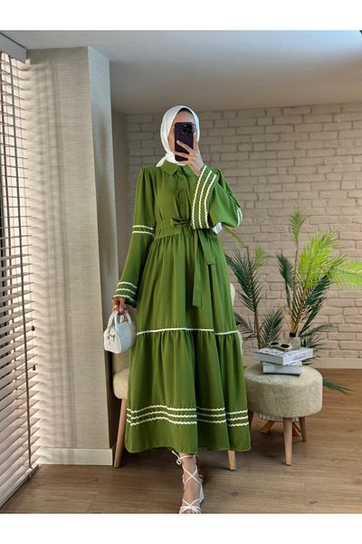 Modamorfo Rochie cu mâneci și fustă brodate -verde
