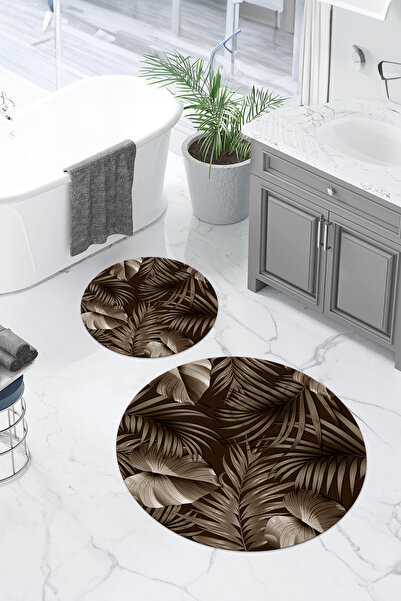 Napoli Home Ψηφιακό σετ τουαλέτας με μοντέρνο σχέδιο φύλλων, στρογγυλό χαλάκι μπάνιου