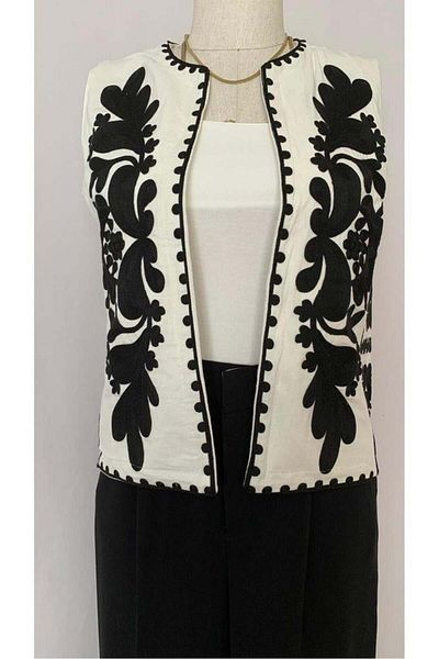 Ravencia Leaf Embroidered Black-White Women's Vest - Lined