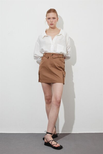 YOUR NAME Fusta mini din denim Camel cu buzunar cargo