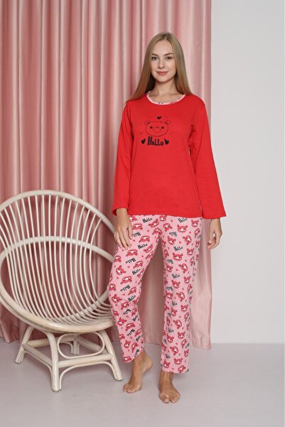 CALİA Women's Combed Cotton Crew Neck Long Sleeve Pajama Set