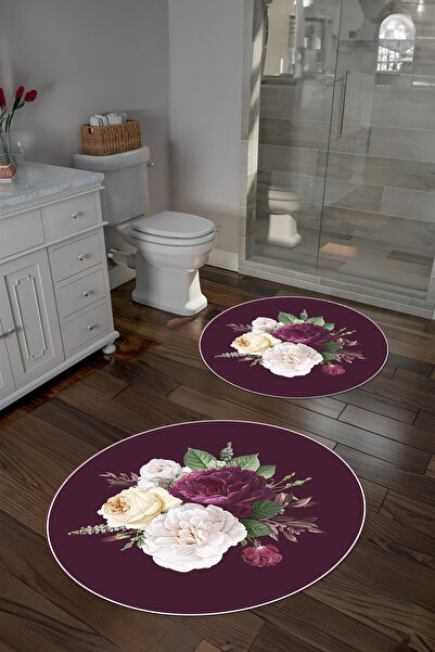 Napoli Home طقم سجادة حمام مستديرة بتصميم زهور وقاعدة مضادة للانزلاق وقابلة ل...