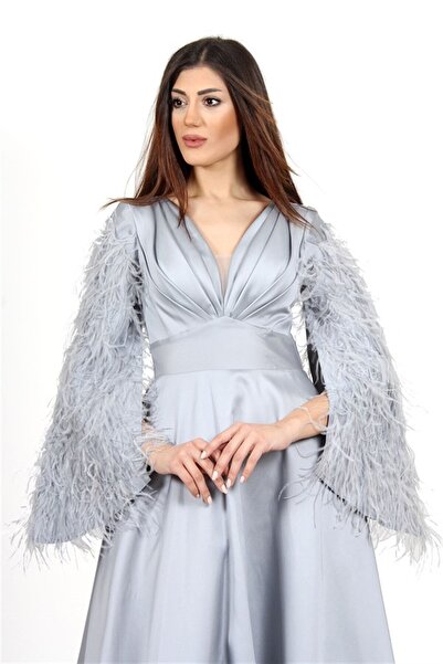 Katre Great Sleeves Slip Tasseled Evening Dress-Grey