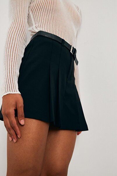YOUR NAME Kemerli Pileli Siyah Mini Şort Etek