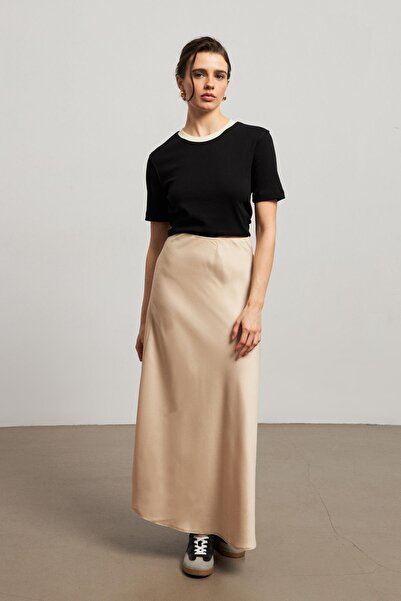 YOUR NAME Fusta lungă din satin bej cu talie înaltă
