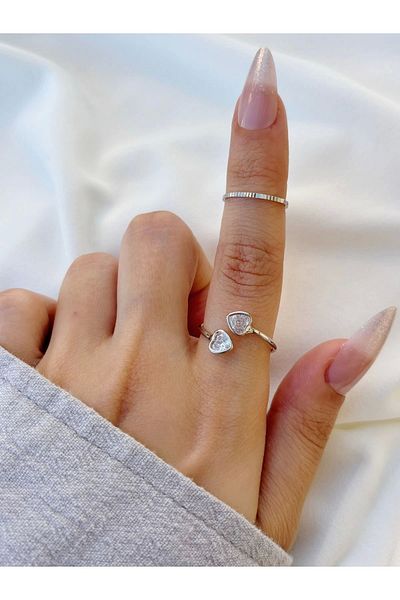 Eylülün Takısı Silver Colored 2-piece Stone Detailed Heart Model Women's Ring