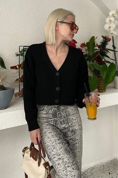 Madmext Cardigan crop negru cu mânecă lungă - cu nasturi, MG2198