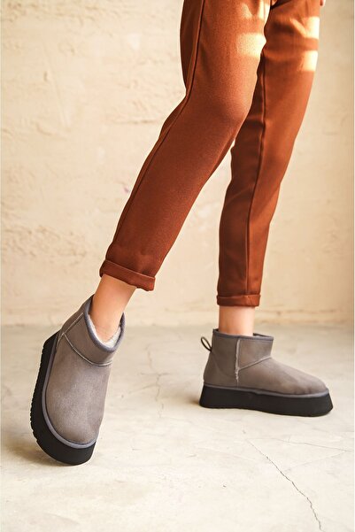 GOFFSHOES Kadın Olimpos Kürklü Kısa Bot - Gri