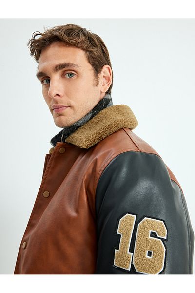 Koton Leather Look Plush Collar College Jacket - with Buttons and Pockets