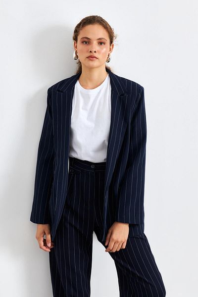 YOUR NAME Oversize Striped Navy Blue Women's Blazer Jacket