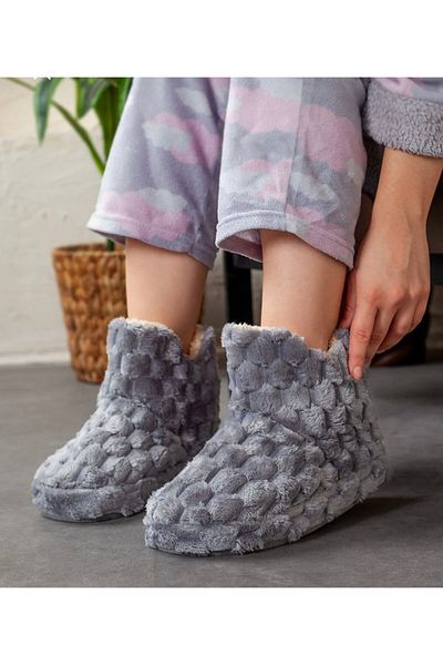 MODA papuci de casă pentru femei, negru, gri, pufos, cu talpă anti-alunecare, fără sunet