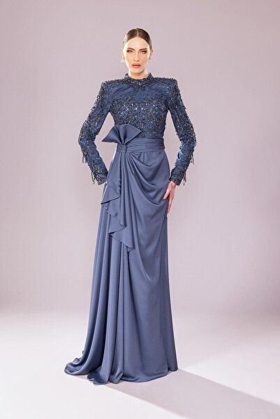 Genel Markalar Kenzel İşlemeli Uzun Kollu Tesettür Abiye Elbise