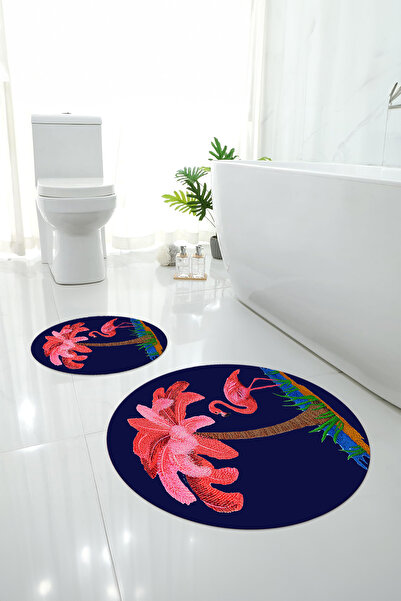 Napoli Home Ψηφιακό σετ τουαλέτας με στρογγυλό χαλάκι μπάνιου με μοτίβο φλαμίνγκο που πλένεται