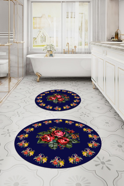 Napoli Home Σετ τουαλέτας με στρογγυλό χαλάκι μπάνιου με ψηφιακό μοτίβο λουλουδιών που πλένεται