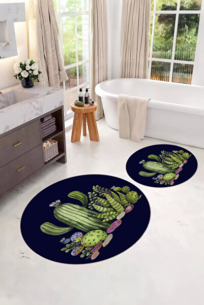 Napoli Home Ψηφιακό σετ τουαλέτας με αντιολισθητική βάση με σχέδιο κάκτου, στρογγυλό χαλάκι μπάνιου