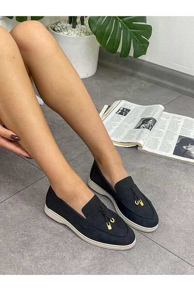 ERVANIN BUTİĞİ Liona Black Suede Tasseled Women's Loafer