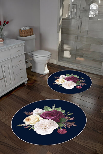 Napoli Home Ψηφιακό σετ τουαλέτας με αντιολισθητική βάση με λουλουδάτο σχέδιο, στρογγυλό χαλάκι μπάνιου