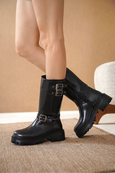GOFFSHOES Women's Monre Flat Bottom Buckle Boots - Black-Patent