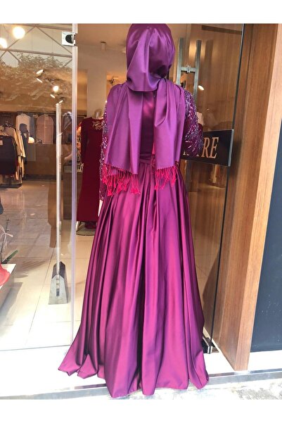 Katre Kenzel Plus Size Satin Evening Dress with Stone Embroidered Sleeves