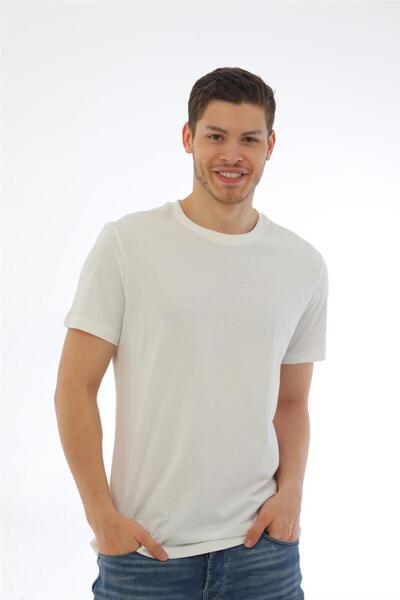 penyebizden Erkek Basic Regular Fit %100 Pamuk Bisiklet Yaka T-shirt-krem