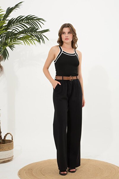 Ravencia Чорні брюки Palazzo - жіночі, з поясом і складками